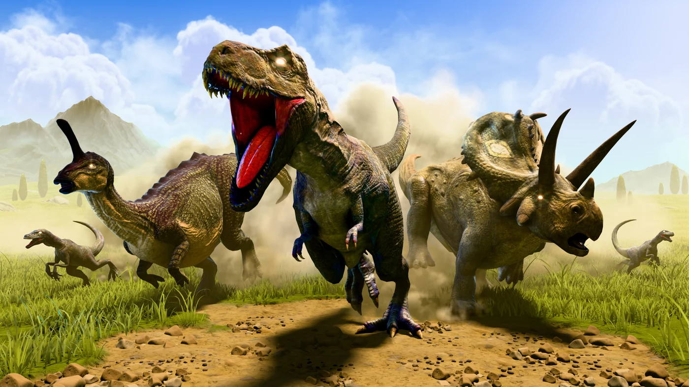 Be a Dino: a herd of dinosaurs racing across an open valley