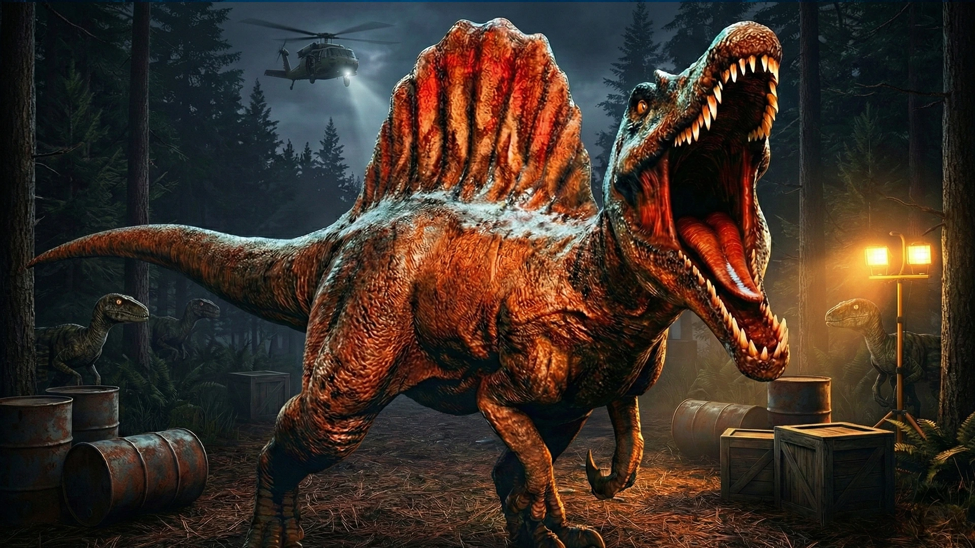 Spinosaurus in a dark forest with a helicopter and floodlit barrels